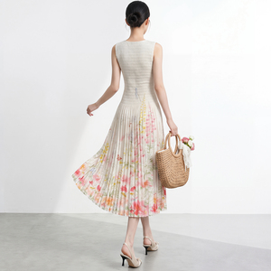 Robe longue plissée en mousseline tissée écologique sans manches, col rond, taille naturelle, mi-mollet, décontractée d'été pour femme - Product Image 6