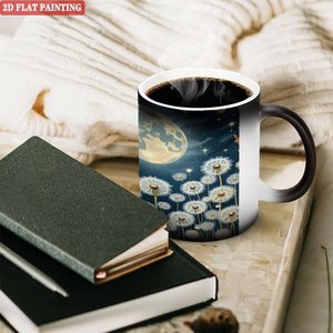 Mug en céramique noir givré 11oz, tasse à changement de couleur activée par la chaleur avec motif pissenlit et lune - Product Image 3