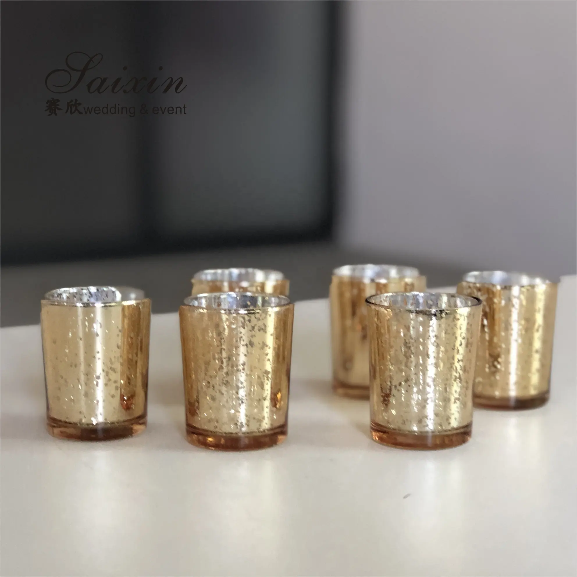 Wholesale Wedding Event Decoration Small Glass Cup Glitter Gold Votive Candle Holder