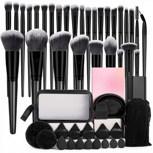 Ensemble de pinceaux de maquillage professionnel 51 pièces en poils synthétiques avec étui de voyage pour fond de teint, poudre, fard à paupières, blush (noir) - Product Image 1
