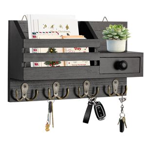 Porte-clés mural moderne à double niveau en bois avec adhésif, organiseur de courrier et de clés avec <span class=keywords><strong>tiroir</strong></span> et <span class=keywords><strong>petite</strong></span> étagère 12,2x7,1x3,2 pouces - Product Image 1