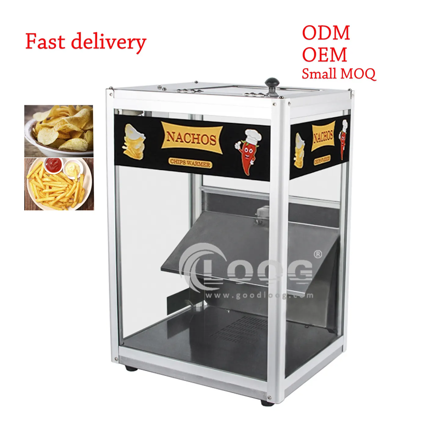 Hot Catering Equipment Food French Fries Warmer Display Showcase Counter Top Glass Commercial Nacho Chips Warmer Machine