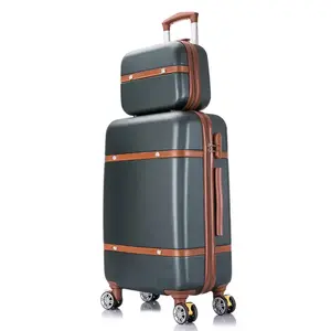 빈티지 2 피스 수하물 세트 레트로 가죽 트롤리 ABS 여행 가방 가방 세트 화장품 가방