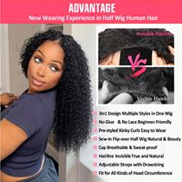 Perruque 3-en-1 mi-longue en cheveux humains naturels vietnamiens, bouclés style Pixie, sans couture, avec cordon de serrage, sans colle, pour femmes noires