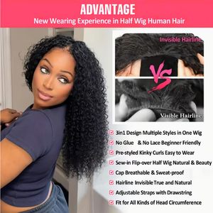 3 in 1 <strong>Half</strong> <strong>Wig</strong> Raw Original Vietnamese Pixie Curly Human Hair <strong>Wig</strong> Seamless Flip Over Drawstring Glueless <strong>Wigs</strong> for Black Women - Product Image 5