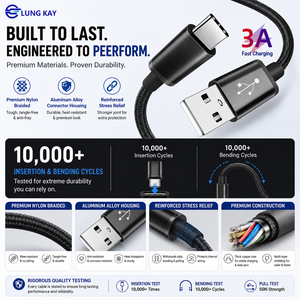 Cavo USB-A a USB-C LUNG KAY 3A da 1,8 m, resistente in nylon intrecciato, ricarica rapida, sincronizzazione dati a 480 Mbps per tablet, smartphone, power bank - Product Image 2