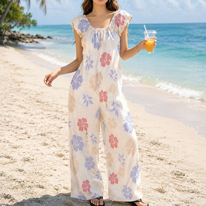 Mono largo informal de verano al por mayor, holgado, con estampado Aloha, elástico, personalizado, transpirable, de lino y algodón. - Product Image 4