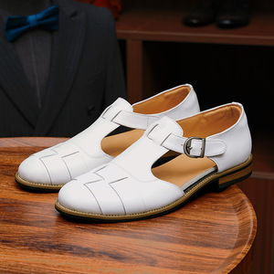 T-Strap Genuine Leather <b>Sandals</b> <b>Closed</b> <b>Toe</b> Buckle Strap Summer Casual Men's Shoes Breathable Rubber Outsole - Product Image 1