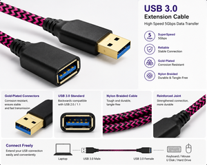สายต่อ USB 3.0 แบบถักไนลอน LUNG KAY  ความเร็วในการถ่ายโอนข้อมูล 5Gbps  ตัวเรือนโลหะ  รองรับการชาร์จเร็ว 3A  สาย USB แบบตัวผู้/ตัวเมีย - Product Image 2