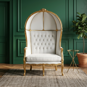 Traditional Tufted Canopy Chair White PU Leather <b>Gold</b> Frame Living Room Furniture - Product Image 1