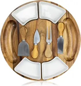Juego de tabla de queso y plato para servir-Tabla DE CARNE/queso de 13 pulgadas con juego de cuchillos que incluye 4 cuchillos y 4 cuencos para servidor