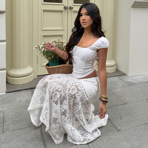 Falda midi de encaje de ganchillo para mujer, falda larga con dobladillo acampanado y diseño hueco transparente para vacaciones - Product Image 6