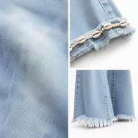 Ensemble veste courte en jean bleu clair délavé au soleil 10oz à ourlet brut et jean évasé à jambe large pour femme, style bohème, OEM XS-5XL