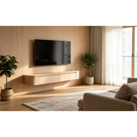 Meuble TV mural de style Japandi en chêne texturé, design moderne, console multimédia minimaliste pour salon, unité de divertissement, décoration intérieure