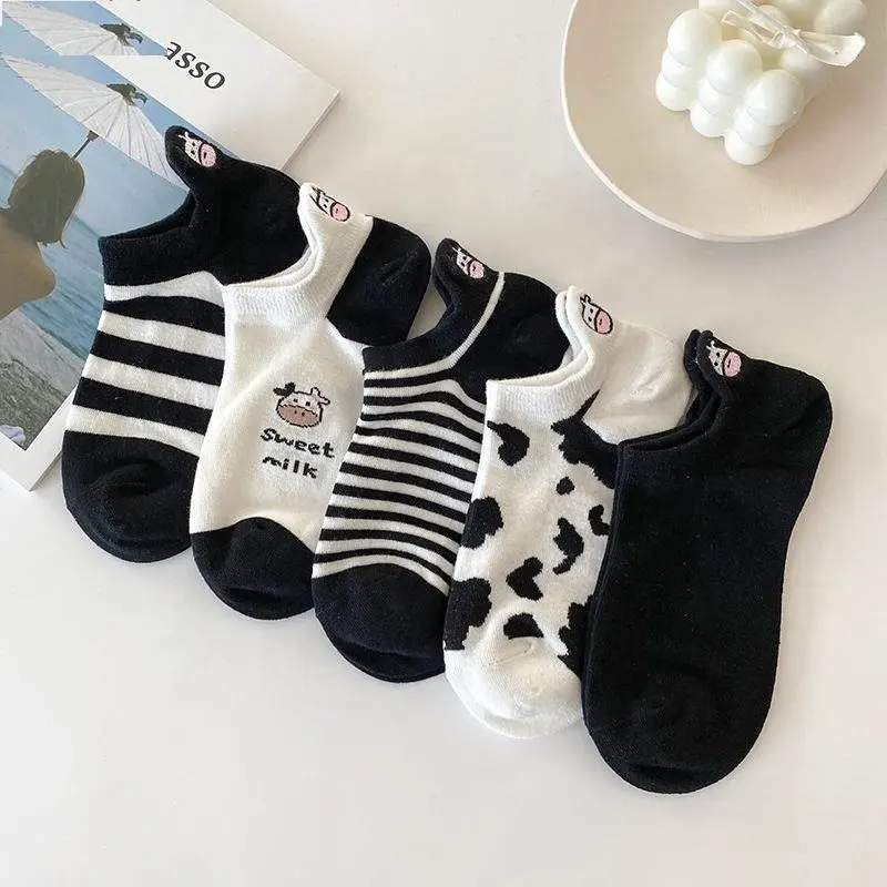 Wholesale 10 Pairs Bulk Korean Cute Bear Cartoon Short Socks Funny Black And White Cow Print Low Cut Ankle Socks Set For Women
