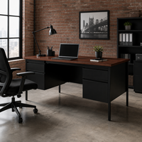 Bureau métallique commercial avec double meuble de rangement à roulettes, structure en acier et plateau imitation bois pour mobilier de bureau, scolaire et gouvernemental