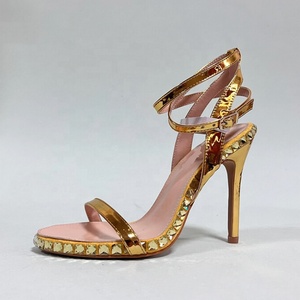 Escarpins dorés à talons hauts pour femmes, ornés de grands strass, sandales d'été à bout ouvert avec bride unique à la cheville - Product Image 4