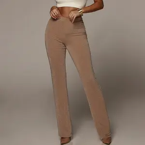 महिलाओं के लिए थोक कस्टम फैशन सेक्सी नितंब फ्लेयर्ड कैजुअल पैंट हाई वेस्ट गोल्ड थ्रेड स्ट्रेट रैप पैंट