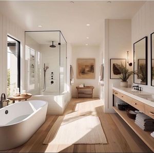 CBMart Classic Hotel Furniture Wooden Grain Bathroom Vanity Double Sink Solid Wood Pvc Vanity Cabinet Set - Product Image 5