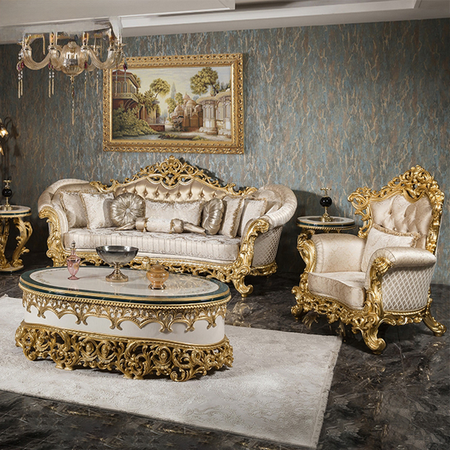European Style Hand Carved Crown Royal Sectional Wooden Designs Turkish Luxury Living Room Sofa Set