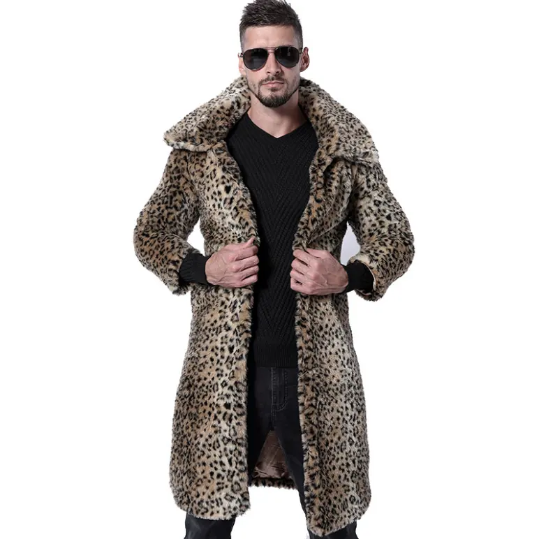 Men's Leopard Print Lapel Coat Winter Autumn Long Faux Fur Jacket Trench Coats With Pockets Fashion Male Streetwear Plus Size
