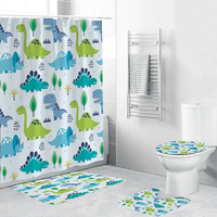 Rideau de douche mignon de dinosaure de dessin animé pour enfants, imprimé animal de bain, ensemble de 4 accessoires, tapis de toilette doux, décoration de salle de bain/