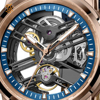 Montre mécanique automatique squelette en acier inoxydable or rose, design populaire ajouré, pour homme, personnalisable, montre-bracelet de loisirs