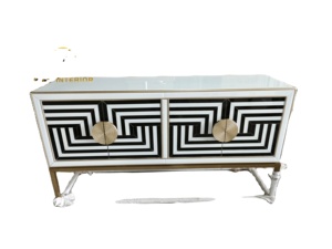 Buffet Moderne Jonathan Adler à Rayures Noires et Blanches avec Portes Vitrées, Meuble de Rangement Op Art pour Salon - Product Image 5