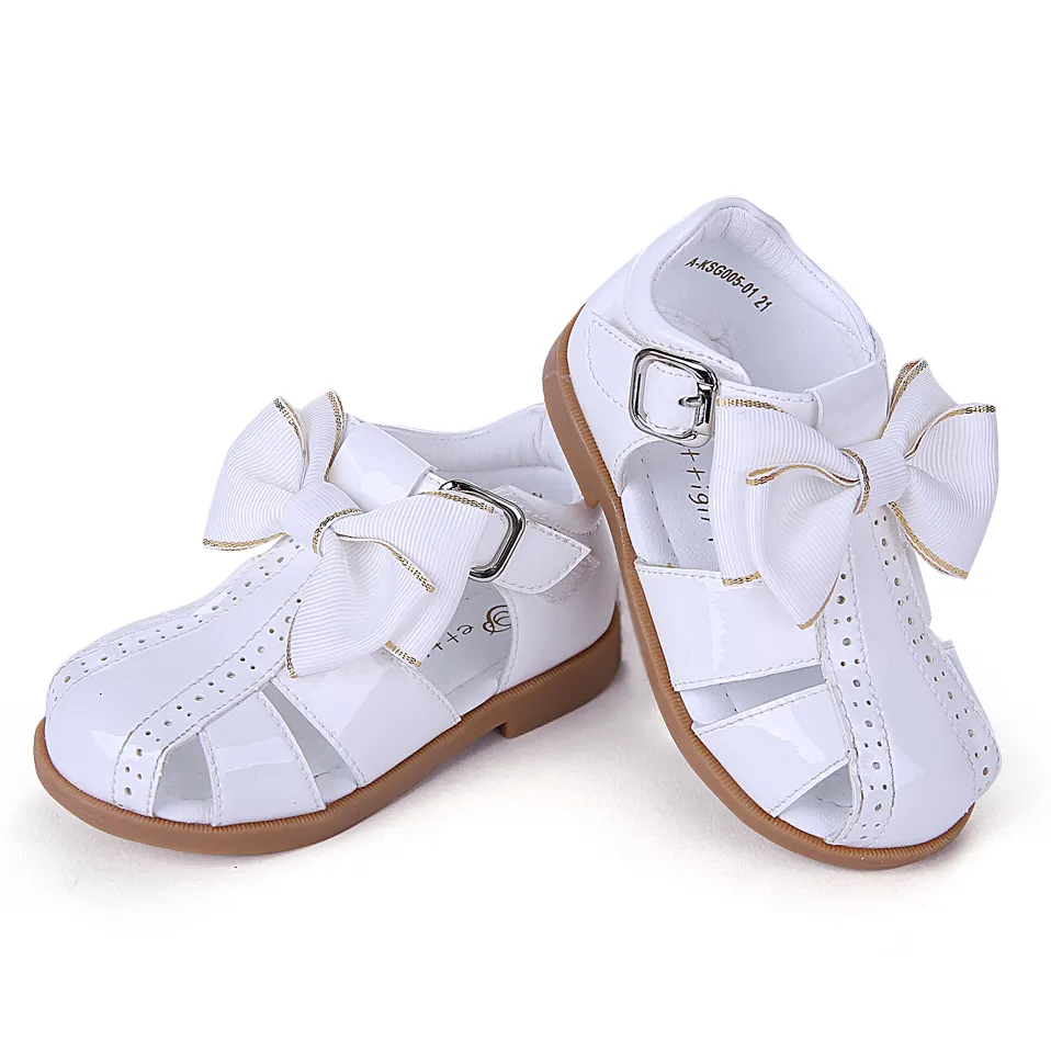 Pettigirl รองเท้าเด็กหญิงตัวเล็กพร้อมโบว์,รองเท้าใส่สบายสีขาวรองเท้าแต่งตัวเด็กวัยหัดเดิน A-KSG005-01W