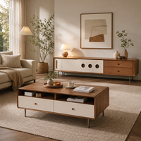 Ensemble table basse et meuble TV en marbre beige crème, structure en bois massif, écologique, durable, plateau surdimensionné, mobilier moderne pour salon