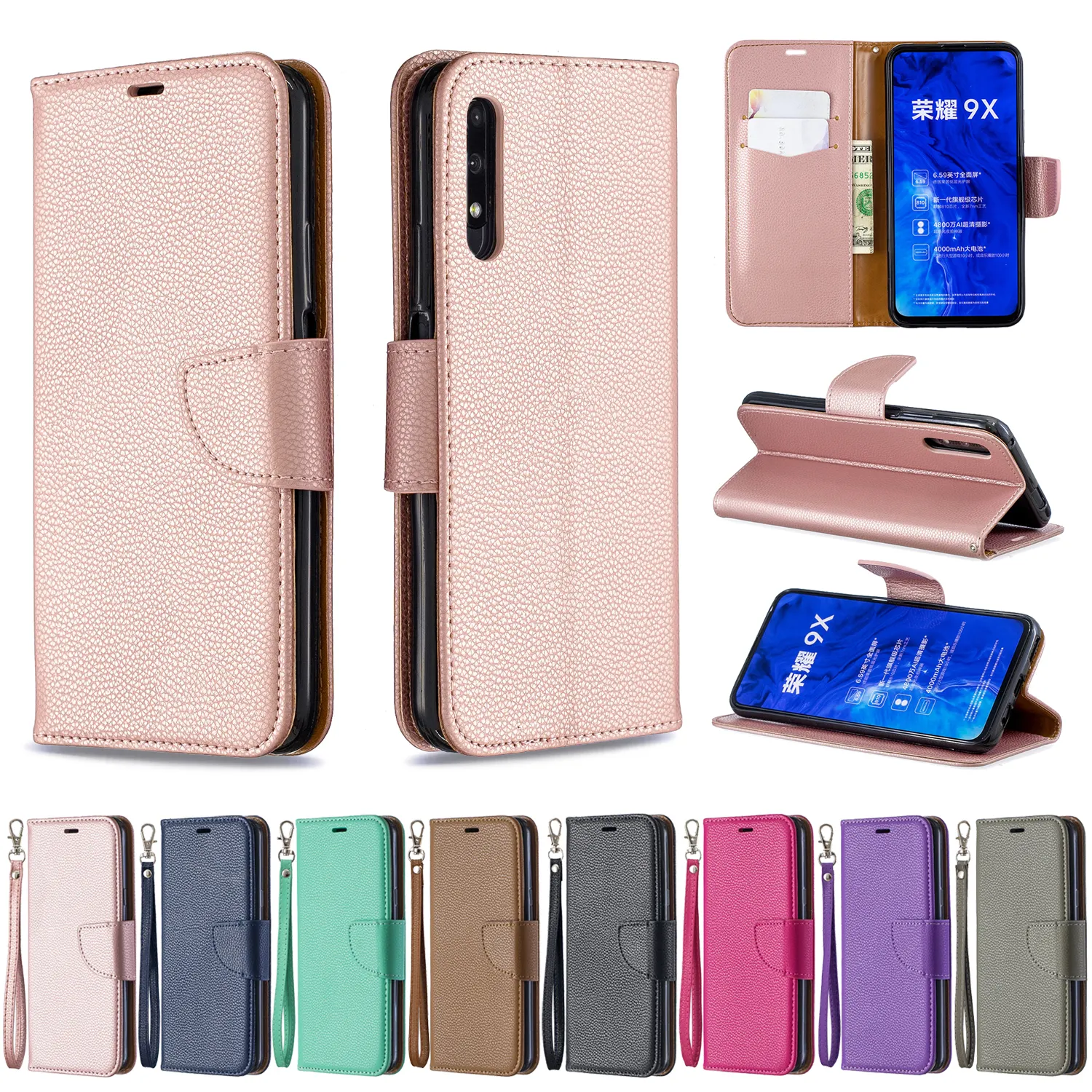 Phone Case for Huawei Honor 9X Pro Simple Lichi Skin PU Leather Flip Wallet Shockproof Cases For Huawei Honor 9X Book Cover