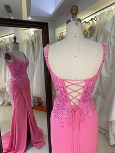 Rosa bordado satén sin mangas sirena corsé encaje hasta la espalda ajustado baile noche mujeres vestidos - Product Image 4