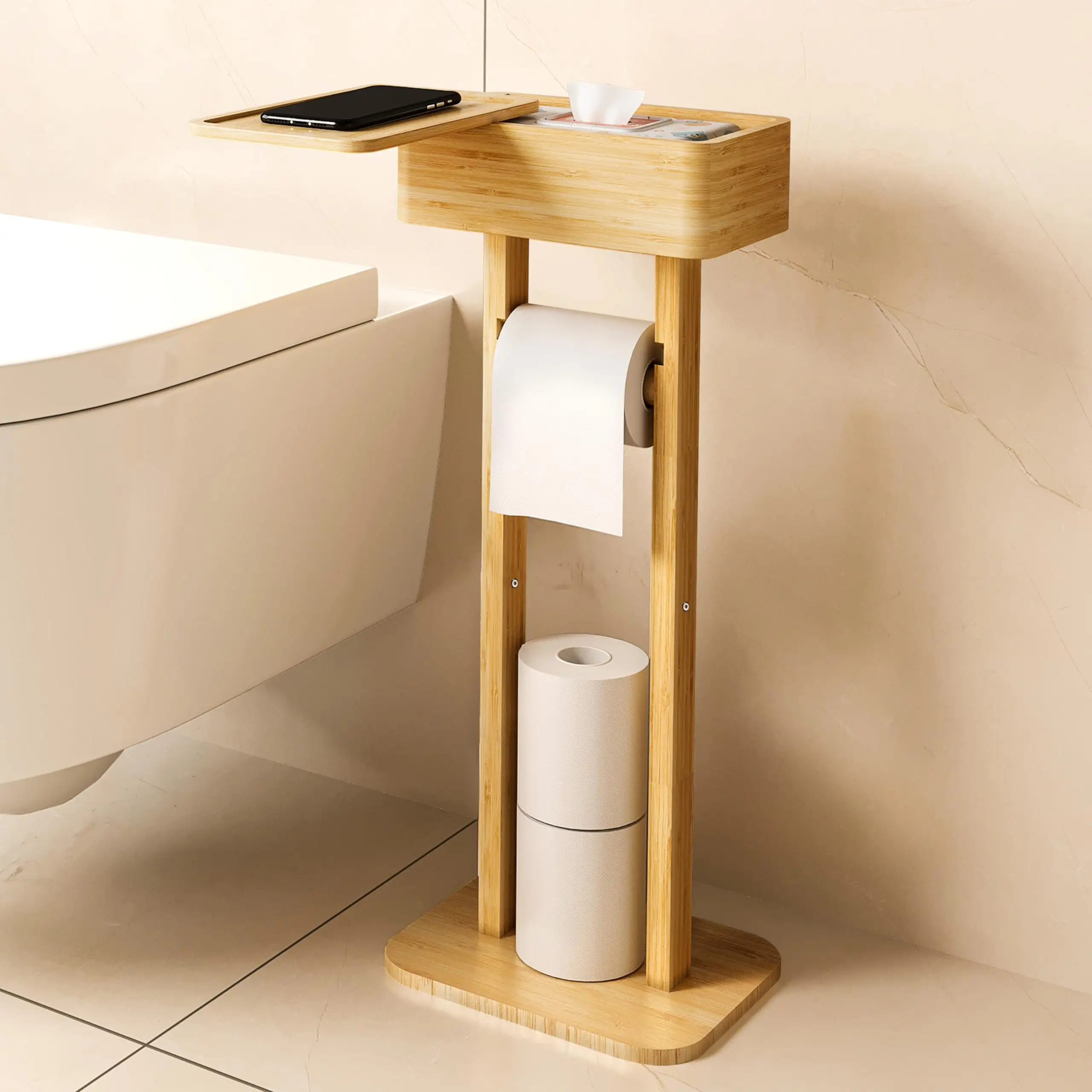 4-in-1 Freestanding Bamboo Toilet Paper Holder with Top Storage Compartment Toilet Towel Holder Rack with Storage for Bathroom