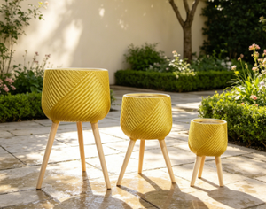Modern Yellow Ceramic <b>Flower</b> <b>Pots</b> with Wood Legs Set of 3 Indoor Planters Minimalist Design Glazed Finish - Product Image 4