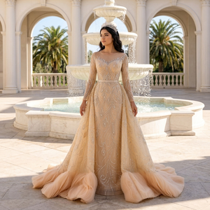 Robe de soirée sirène classique champagne à manches longues et sequins, avec surjupe détachable et broderie de perles de cristal naturelles - 251137 - Product Image 1