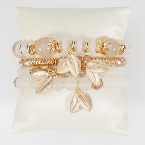 Fashion Jewelry <b>Beaded</b> <b>Bracelets</b> Set Gold Plated Leaf Charm Women's Bohemia Style Multilayer Stretch <b>Bracelet</b> Made In China - Product Image 4