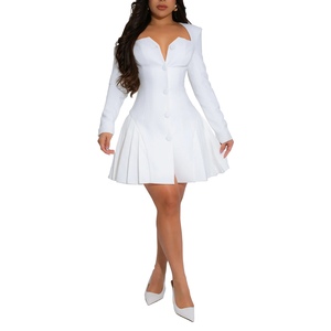 เดรสสั้นแฟชั่นคอวีลึกแขนยาวระบายแต่งกระดุมเม็ดเดียวสำหรับผู้หญิง - Product Image 2