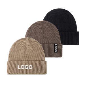 Bonnet en laine tricoté chaud avec logo brodé personnalisé, étiquette tissée, 100% laine, avec revers - Product Image 1