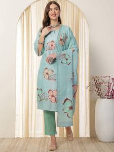 Kurta recto de seda con cuello de ojo de cerradura estampado Floral verde marino con pantalón y Dupatta para mujer producto a granel personalizado para mujer - Product Image 2