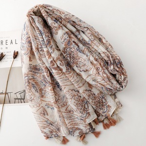 Écharpe légère de style <span class=keywords><strong>ethnique</strong></span>, couleur <span class=keywords><strong>beige</strong></span>, imprimé motif cachemire, avec pompons, 180*90cm, grande écharpe longue en voile de coton à motif paisley - Product Image 2