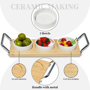 Plateau de service en bambou Plateau de relish avec 3 bols en céramique et poignées en acier inoxydable - Product Image 3