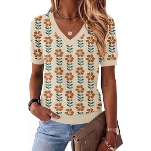 Women's Short Sleeve V <b>Neck</b> Sweater Lightweight Floral Knit Top Summer Casual Wear - Product Image 1