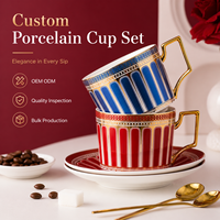 Service à café et thé en porcelaine fine, style britannique, avec soucoupe à bord doré et motifs rayés, idéal pour l'heure du thé, motif floral, pour la maison