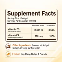 Gélules de Vitamine D3 K2 10000 UI Haute Puissance avec MK-7 pour le Soutien Immunitaire, la Santé Osseuse et l'Absorption du Calcium – 180/300 Comprimés OEM ODM