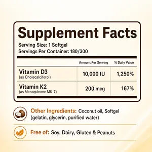Capsule Premium di Vitamina D3 e K2 10000 UI, Integratore per il Supporto Immunitario e Osseo, 180/300 Capsule OEM ODM - Product Image 6