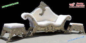 Meubles de mariage en bois sculpté, fait à la main, ensemble de canapé queen size, blanc, doré, luxueux, pour mariage - Product Image 6