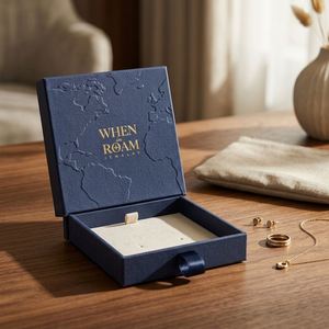 Caja de Joyería Texturizada Azul Marino con Mapa del Mundo en Relieve Dorado, Empaque de Regalo con Logotipo Personalizado, Estuche para Anillos, Aretes y Collares - Product Image 1