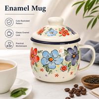 Çiçek Desenli Büyük Göbekli Emaye Kupa, Renkli Çiçek Baskılı Metal Saplı, Süt, Su, Kahve, Çay İçin Evde İçme, Toptan OEM Tedarikçisi