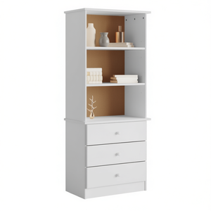 White Tall <b>Bookcase</b> With 3 Shelves And 3 Drawers Modern Design Living Room Furniture Pine <b>Wood</b> Construction Freestanding - Product Image 1