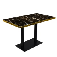 Table de restaurant en marbre noir avec bordure en acier inoxydable doré, base en métal à double piétement pour café, bistrot, hôtel, mobilier